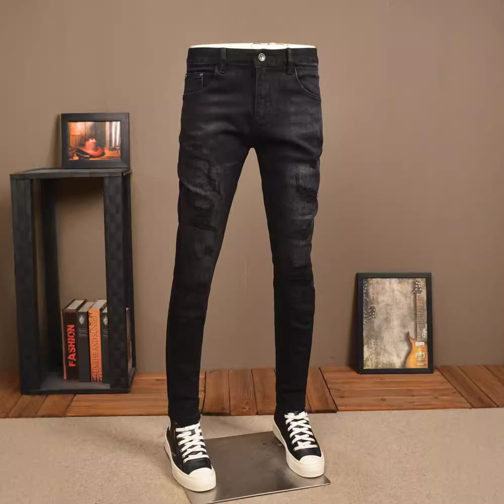 黒パンツ ダメージ加工スリムフィットパンツ