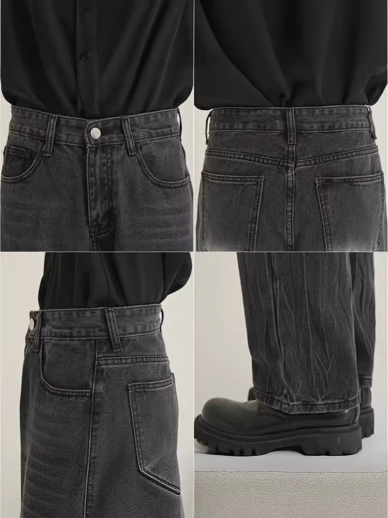 黒パンツ ヴィンテージ加工デニムワイドパンツ