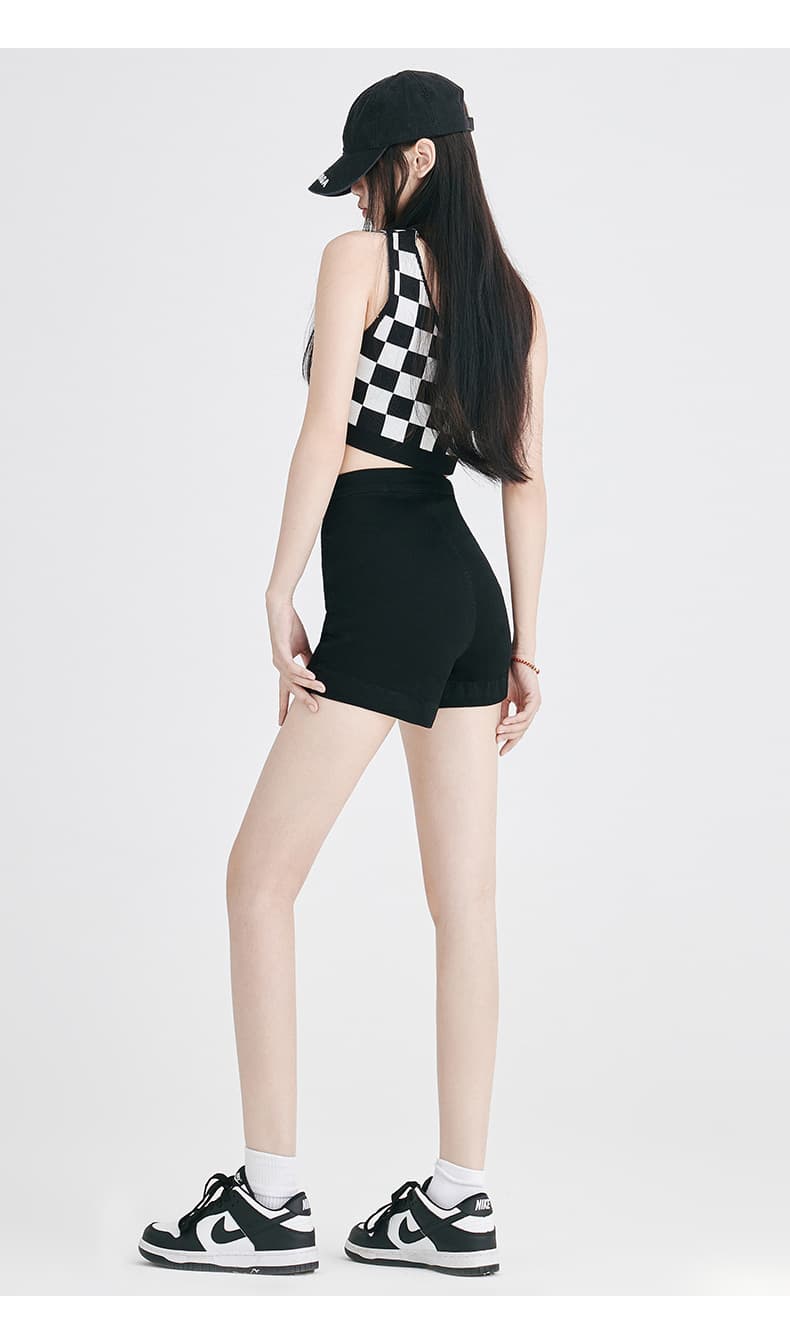 黒パンツ アシンメトリック切替デザインショートパンツ