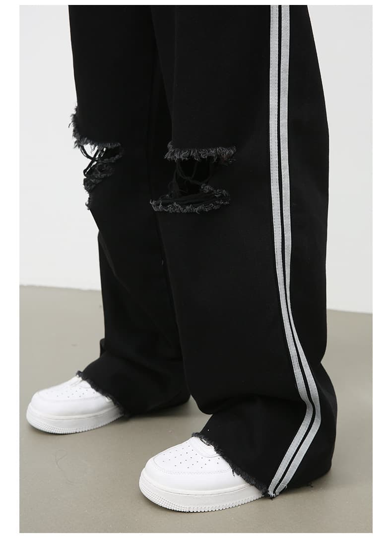 黒パンツ 黒デニム ダメージ加工 ヴィンテージ風 男女兼用 ワイドパンツ