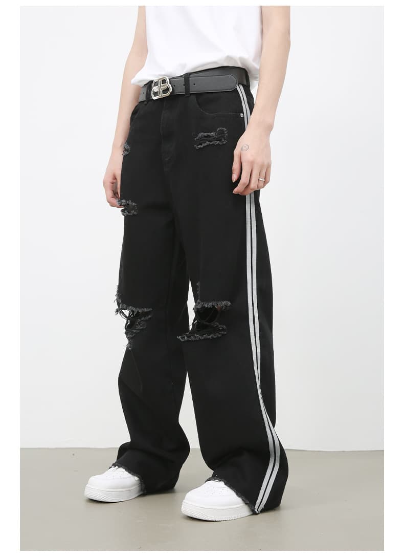 黒パンツ 黒デニム ダメージ加工 ヴィンテージ風 男女兼用 ワイドパンツ