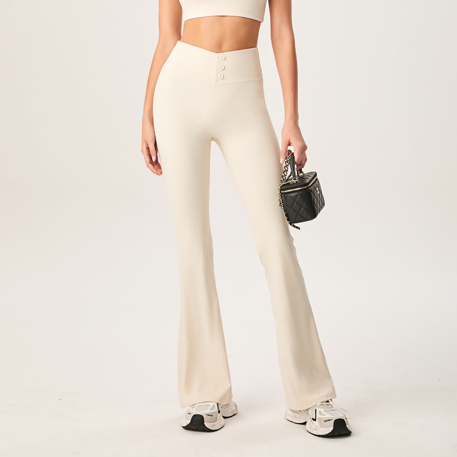 黒パンツ リブニット調フレアパンツ ハイウエスト