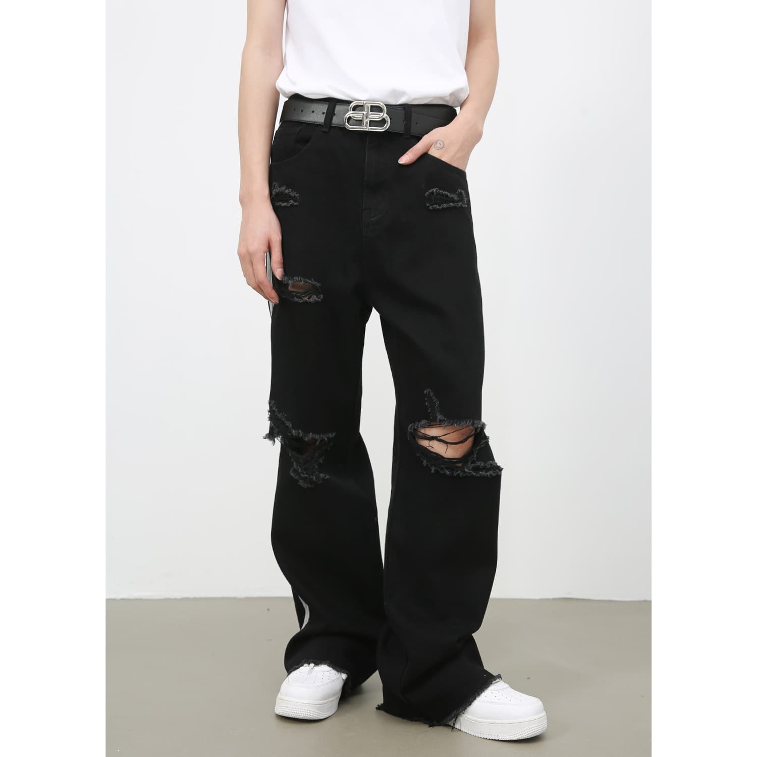 黒パンツ 黒デニム ダメージ加工 ヴィンテージ風 男女兼用 ワイドパンツ