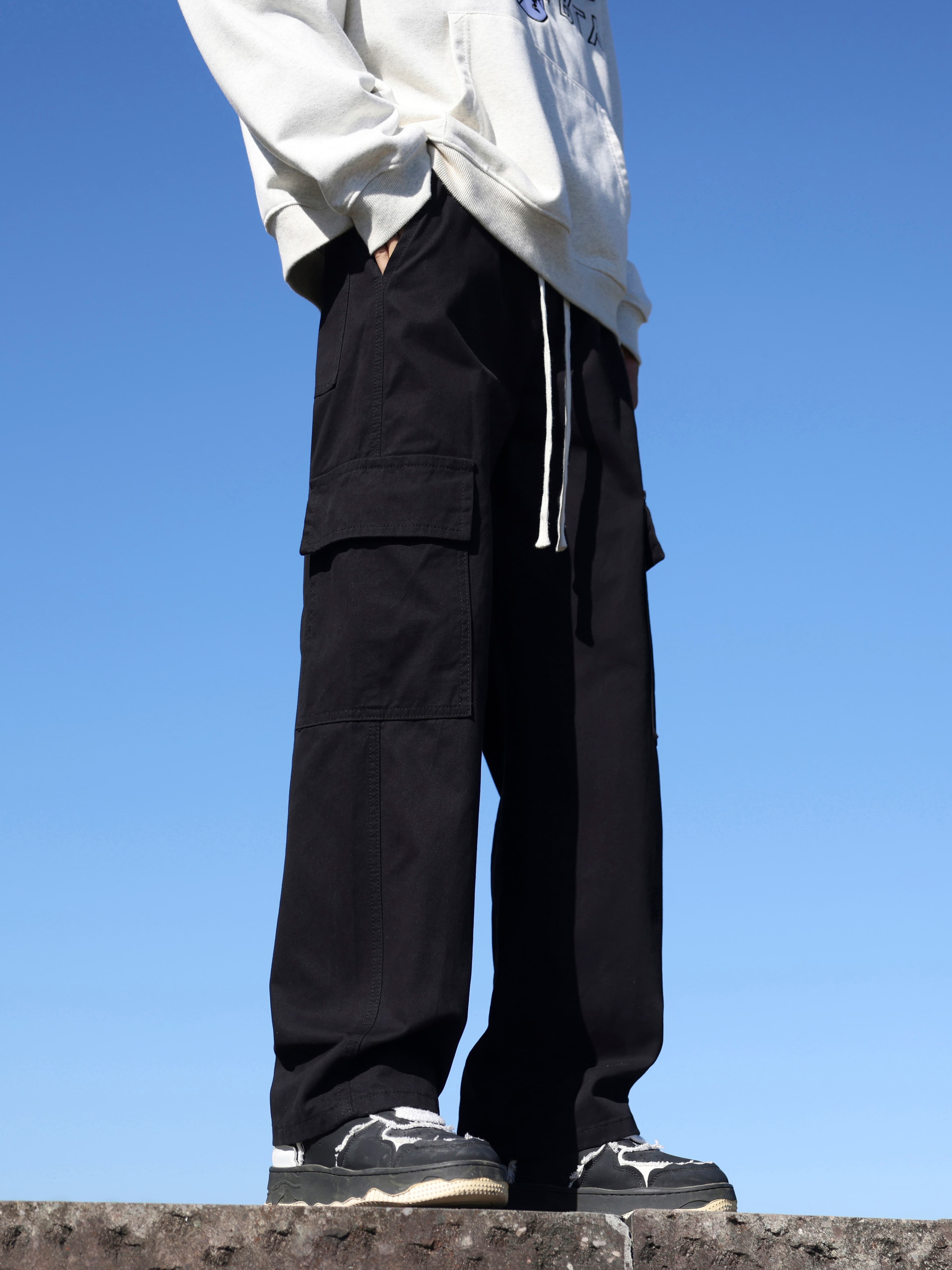 黒パンツ ワイドシルエットポケット付き作業着パンツ