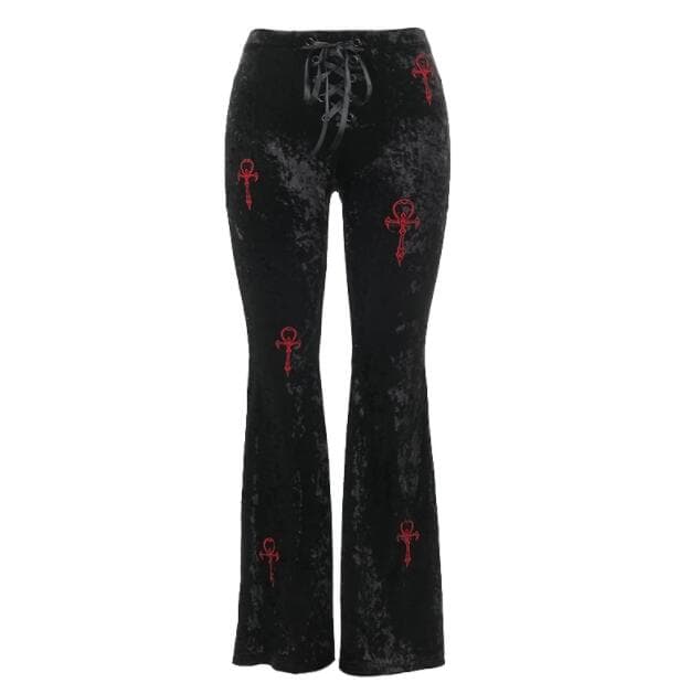 黒パンツ ベルベット調フレアパンツ ゴシック刺繍デザイン