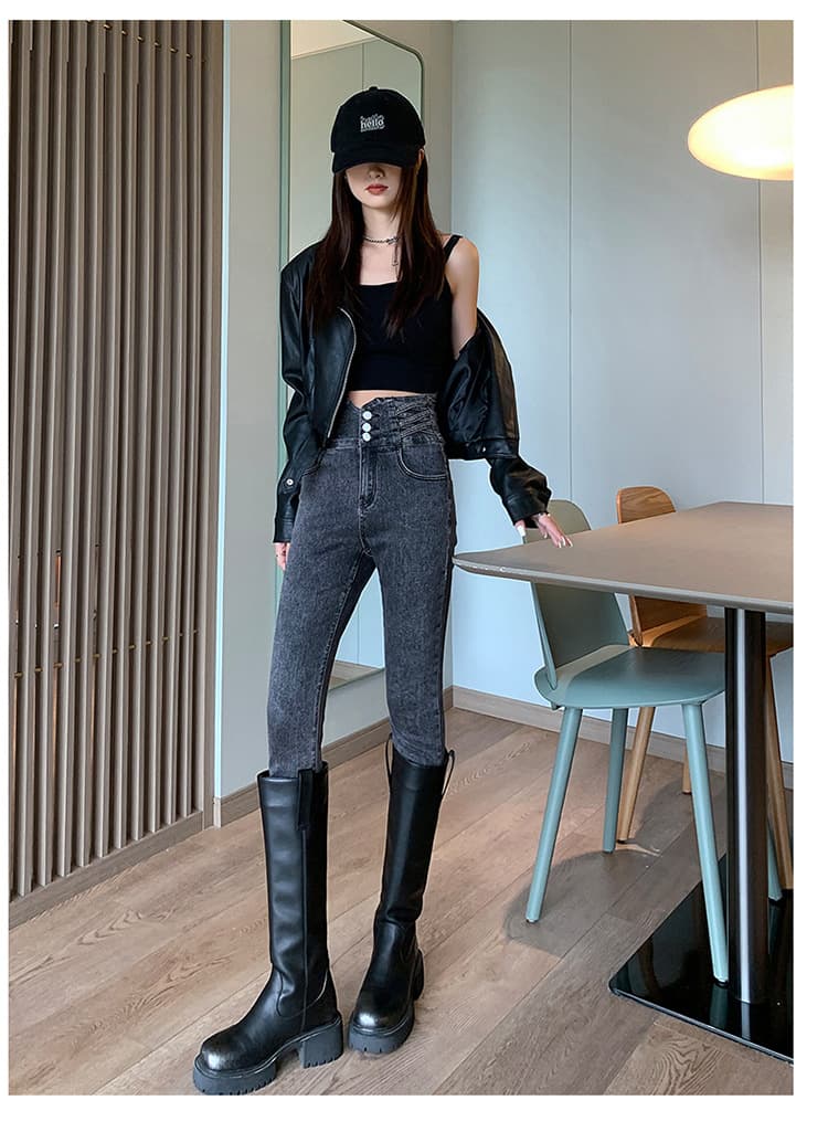 黒パンツ ハイウエストボタンスキニーパンツ