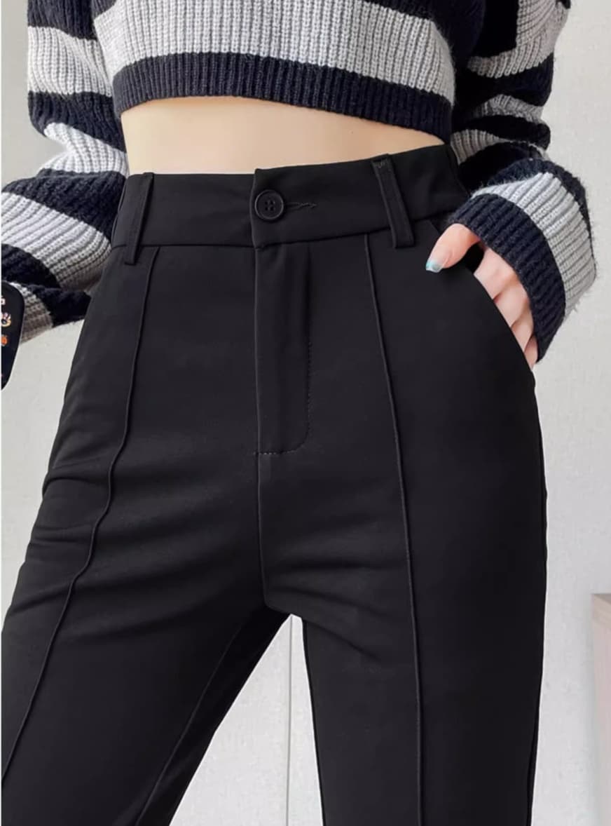 黒パンツ ハイウエストスリムスラックス