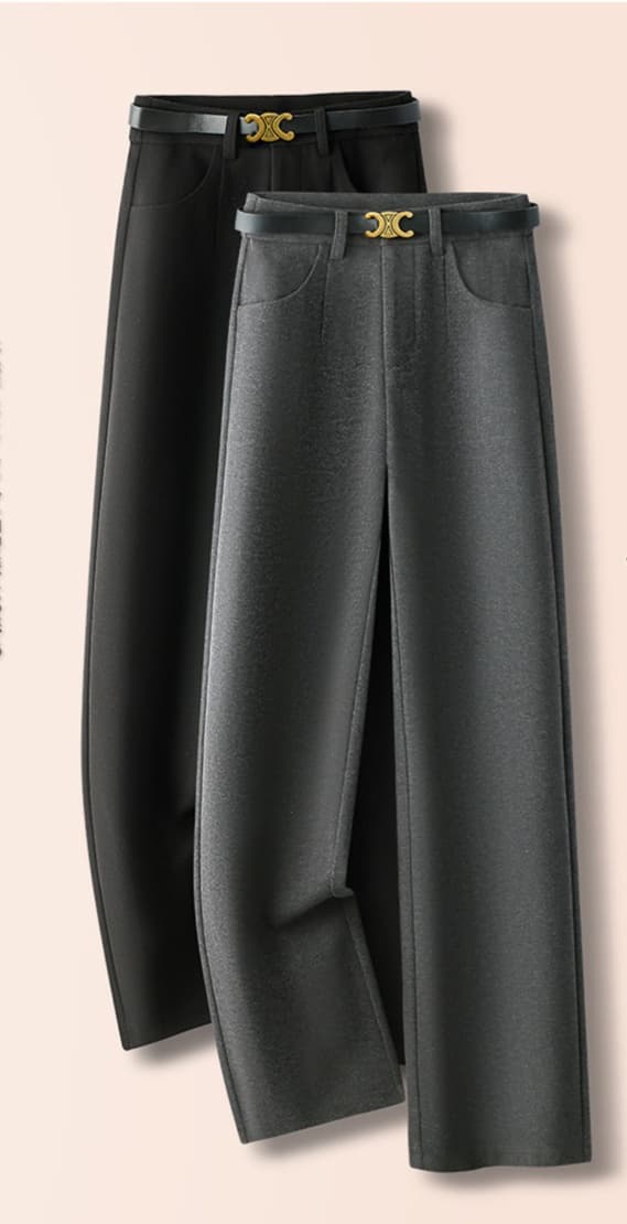 黒パンツ ウエスト金具付き ゆったりスラックス