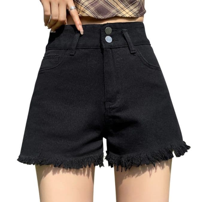黒パンツ 裾フリンジデニムショートパンツ