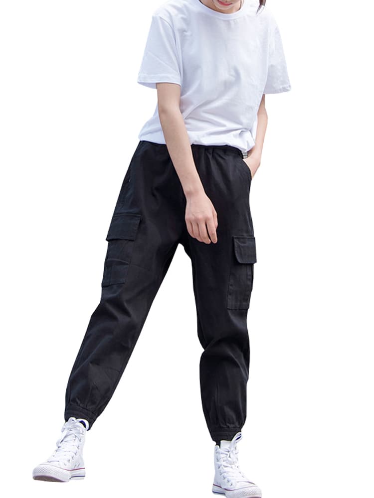 黒パンツ ゆったりシルエット多機能ポケットパンツ