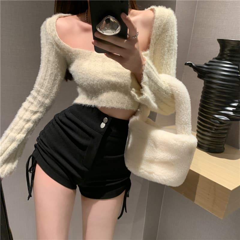 黒パンツ リボンギャザー サイドレース ショートパンツ