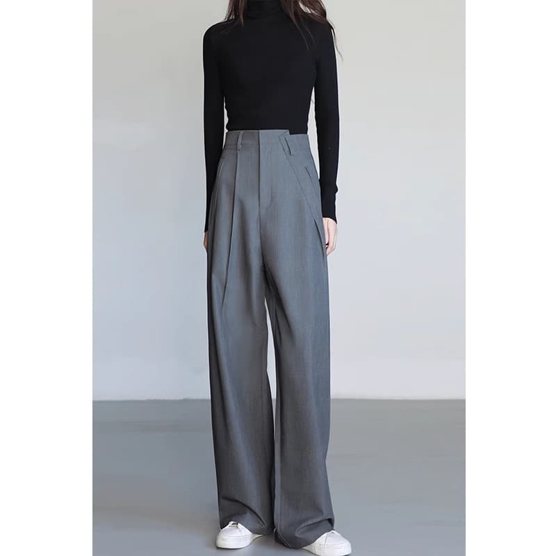 黒パンツ ウエストタック入りワイドスラックス
