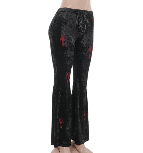 黒パンツ ベルベット調フレアパンツ ゴシック刺繍デザイン