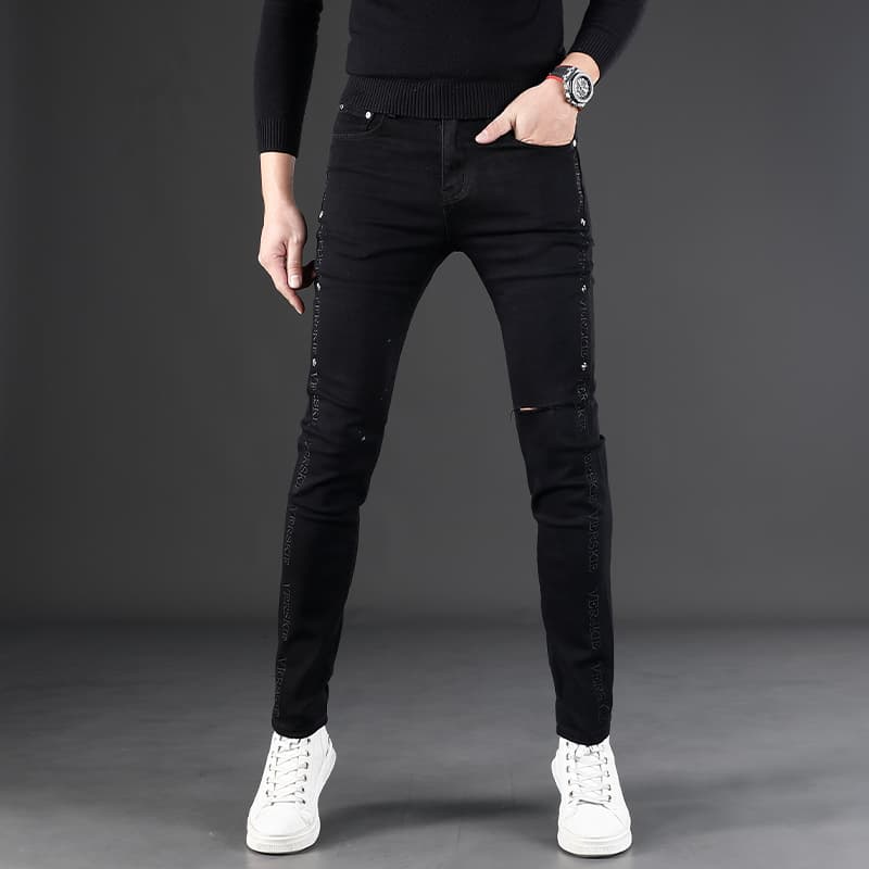 黒パンツ 細身デザイン ダメージ加工スキニーパンツ