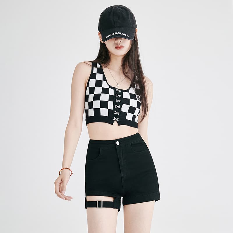 黒パンツ アシンメトリック切替デザインショートパンツ