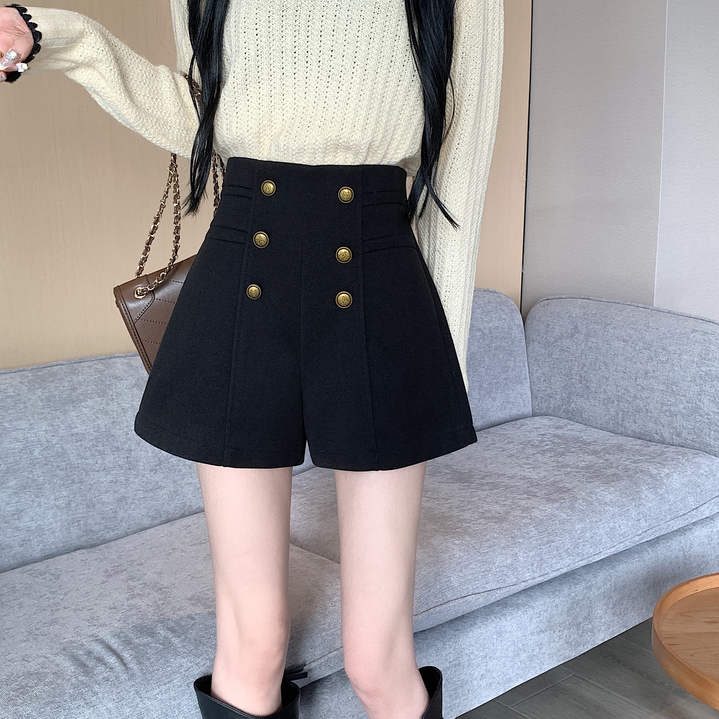 黒パンツ ハイウエスト ミリタリー ショート パンツ