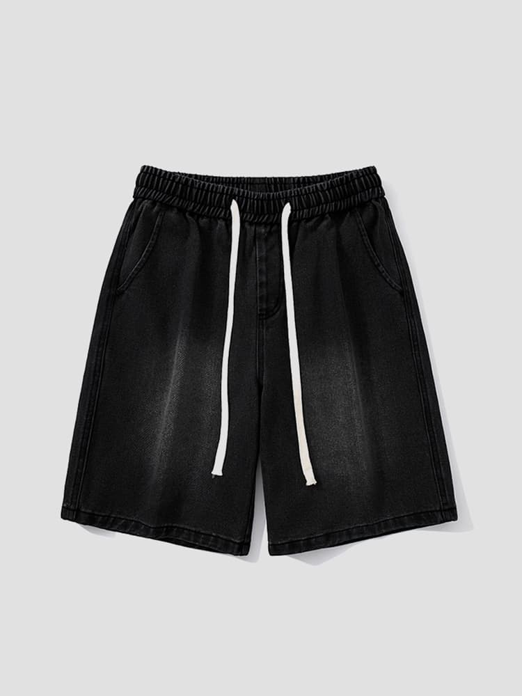 黒パンツ ゆったり風合いデニムハーフパンツ
