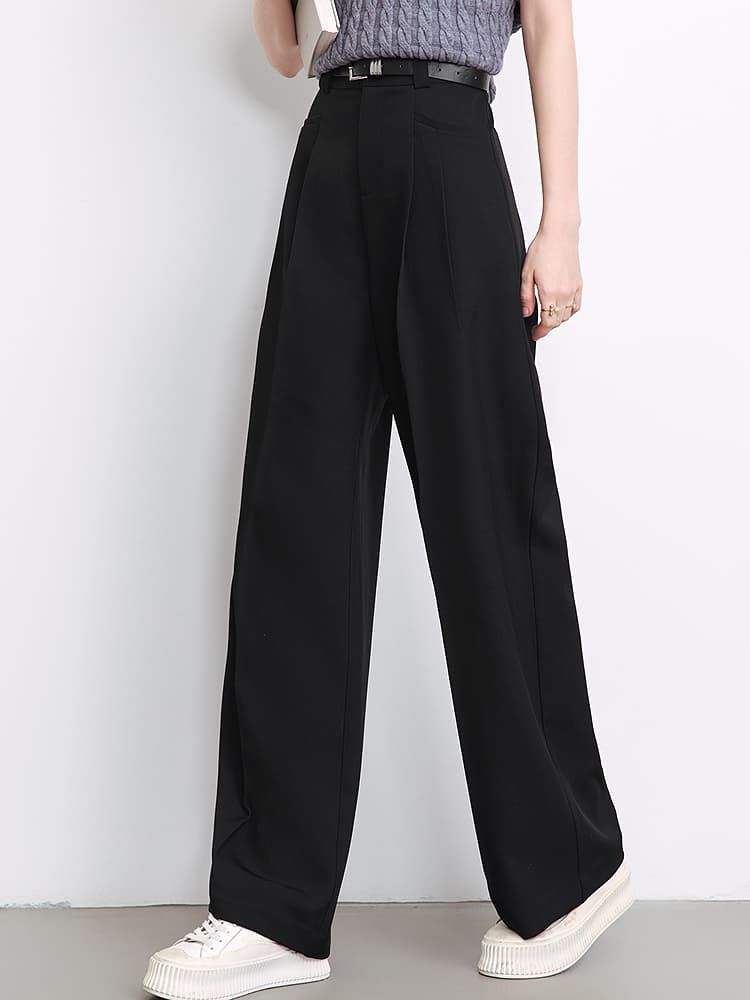 黒パンツ プリーツラインワイドスラックス