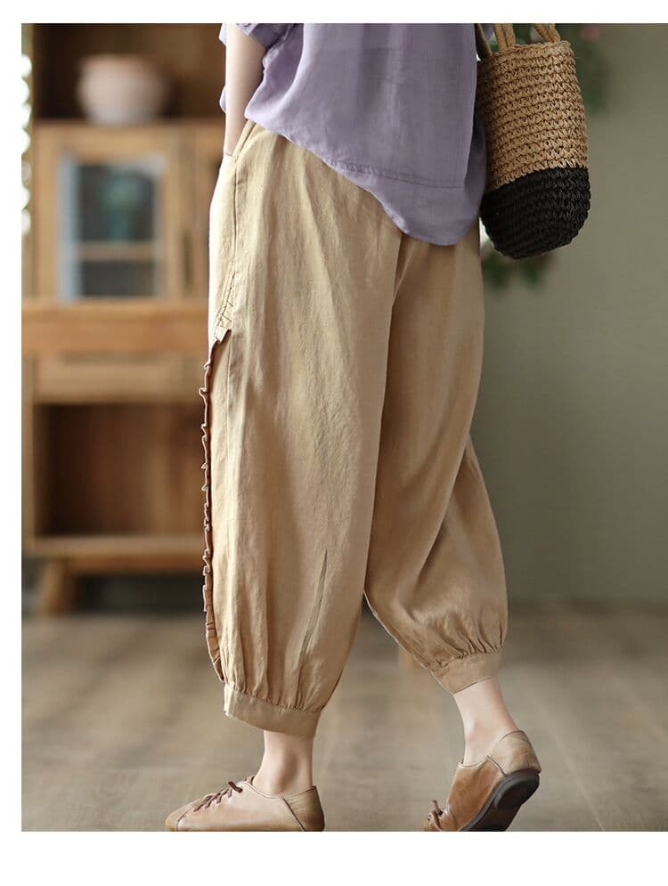 レディース 黒パンツ ワイド ウエストゴム 楽ちん 無地 裾リブ