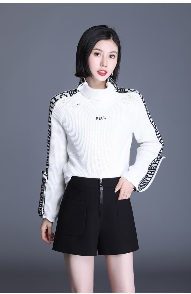 黒パンツ ジッパー付きハイウエストショートパンツ