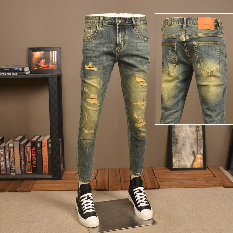 黒パンツ ダメージ加工スリムフィットパンツ