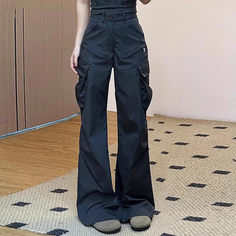 黒パンツ ワイドシルエット カーゴ フレアパンツ
