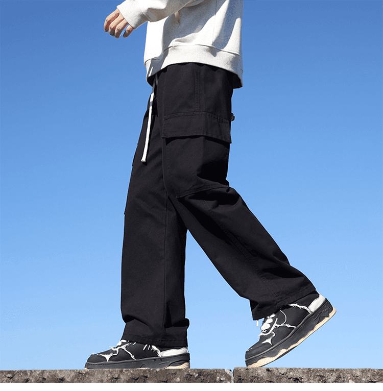 黒パンツ ワイドシルエットポケット付き作業着パンツ