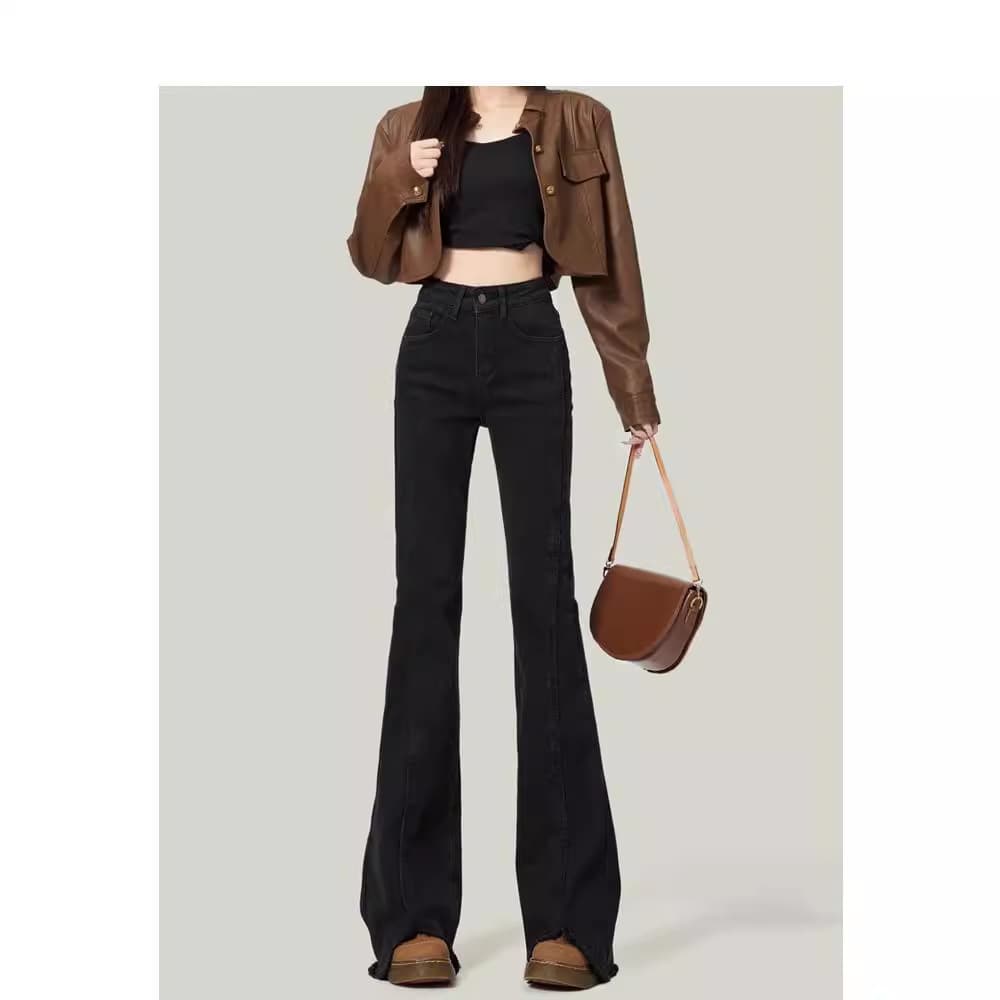 黒パンツ ハイウエストフレアデニムパンツ