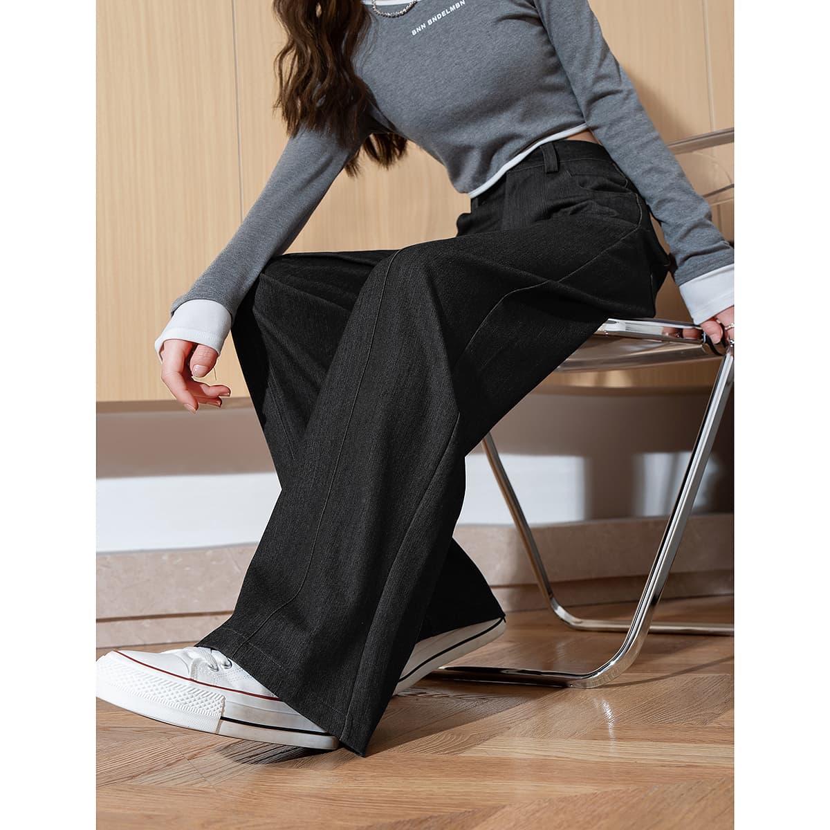 黒パンツ ワイドシルエット高級感ロングパンツ