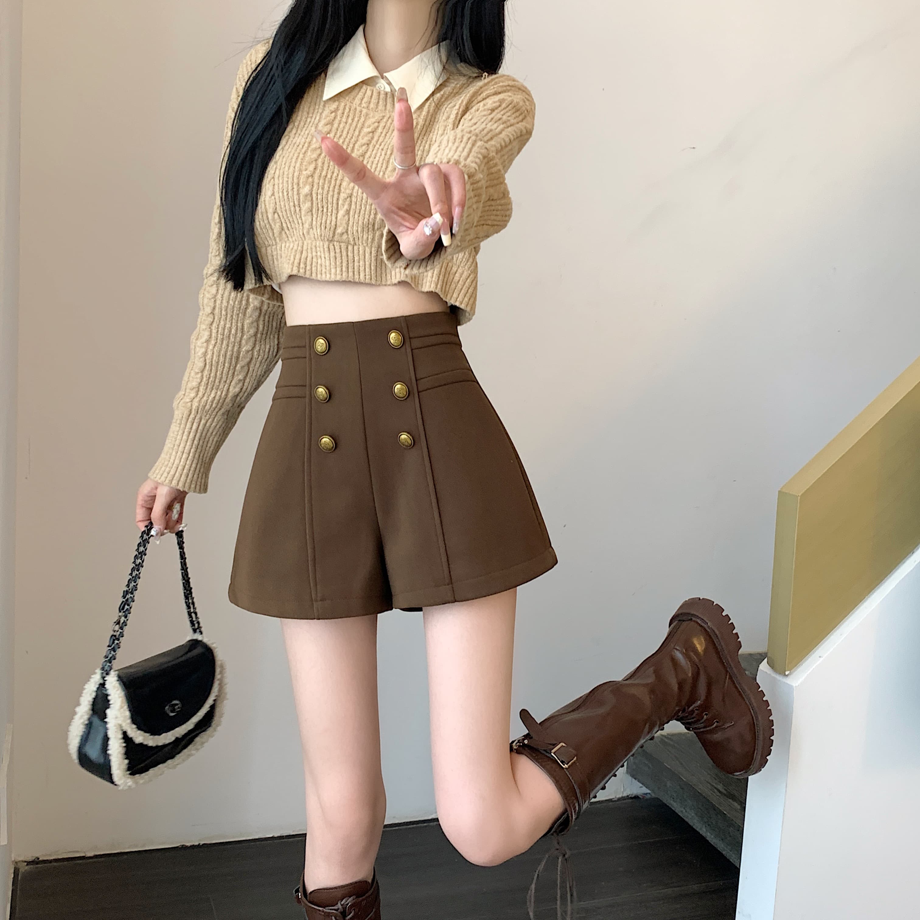 黒パンツ ハイウエスト ミリタリー ショート パンツ