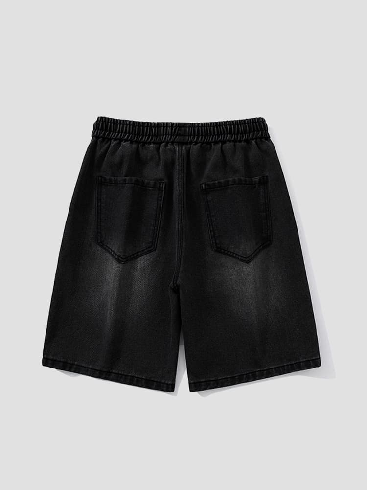黒パンツ ゆったり風合いデニムハーフパンツ