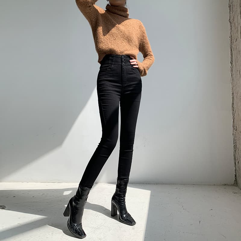 黒パンツ ハイウエストすっきりスキニーパンツ