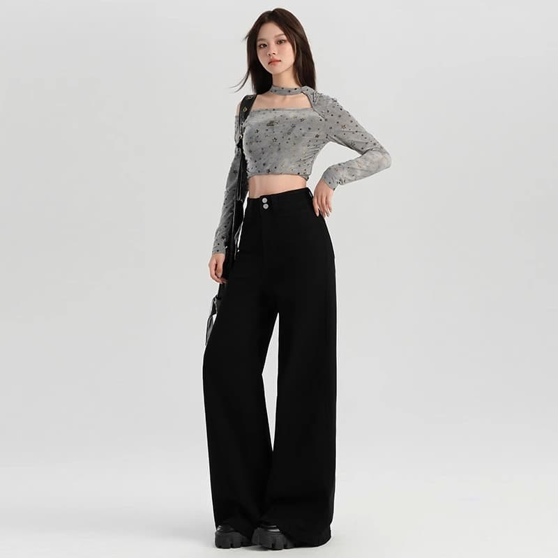 黒パンツ ウルトラワイドハイウエストパンツ