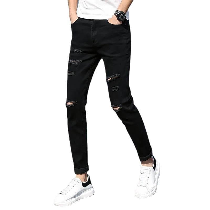 黒パンツ ダメージ加工スリムデニム