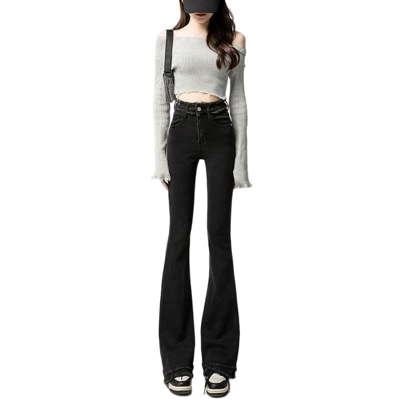 黒パンツ ストレッチハイウエストフレアパンツ