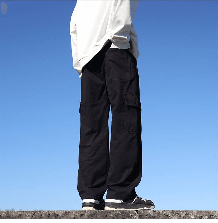 黒パンツ ワイドシルエットポケット付き作業着パンツ
