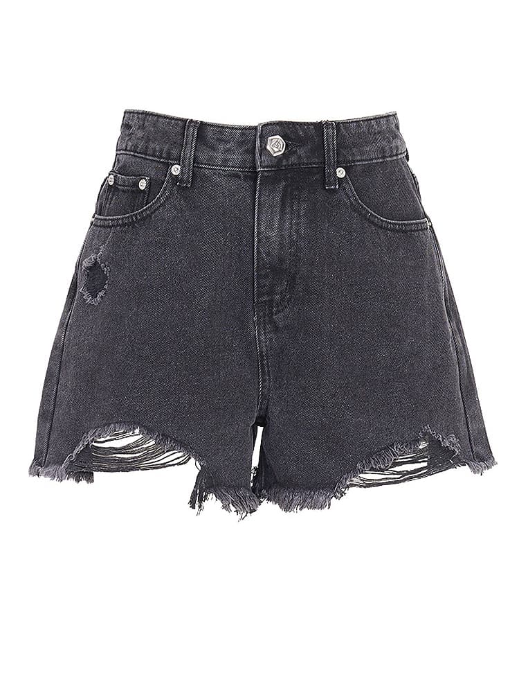 黒パンツ 裾フリンジ加工ダメージショートパンツ