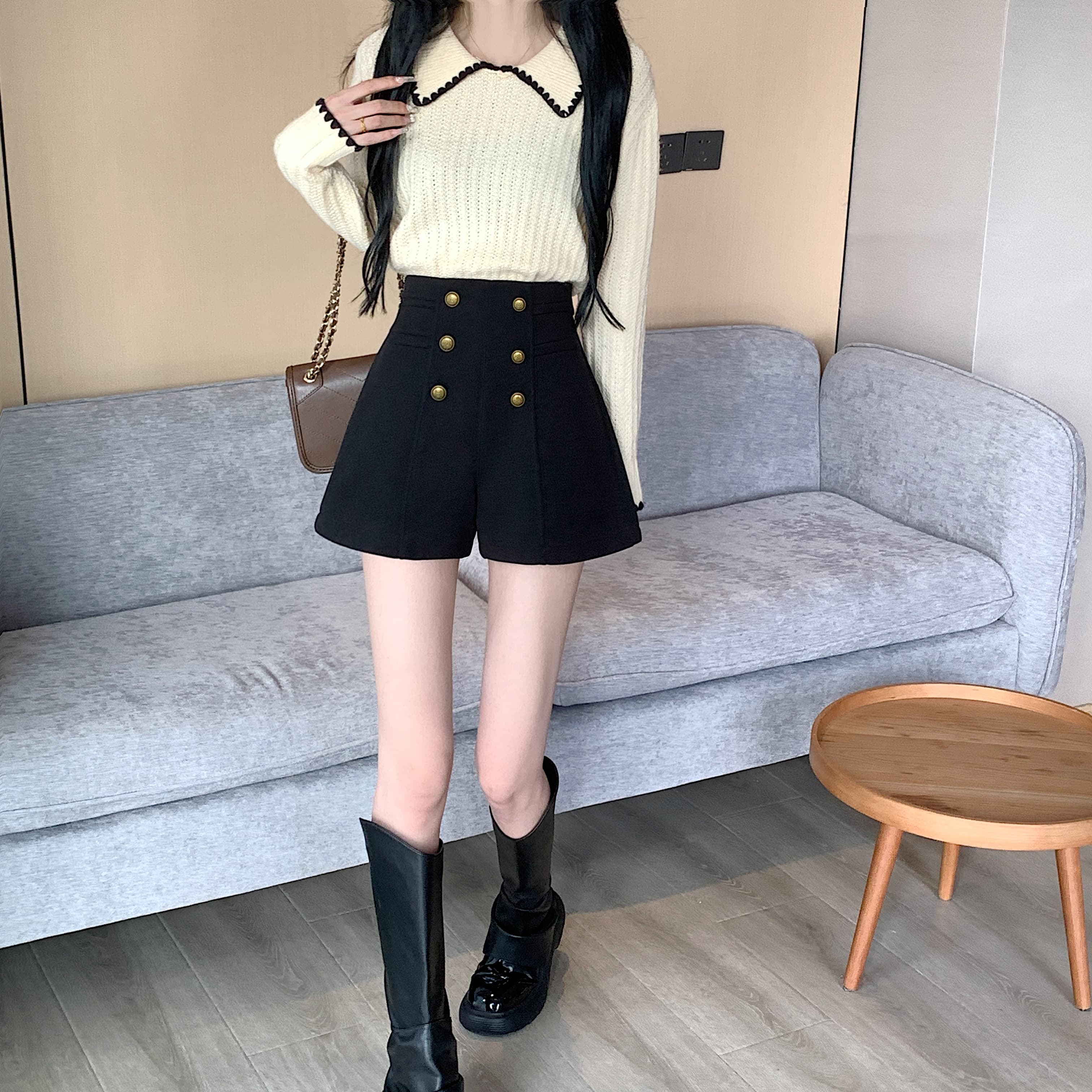 黒パンツ ハイウエスト ミリタリー ショート パンツ