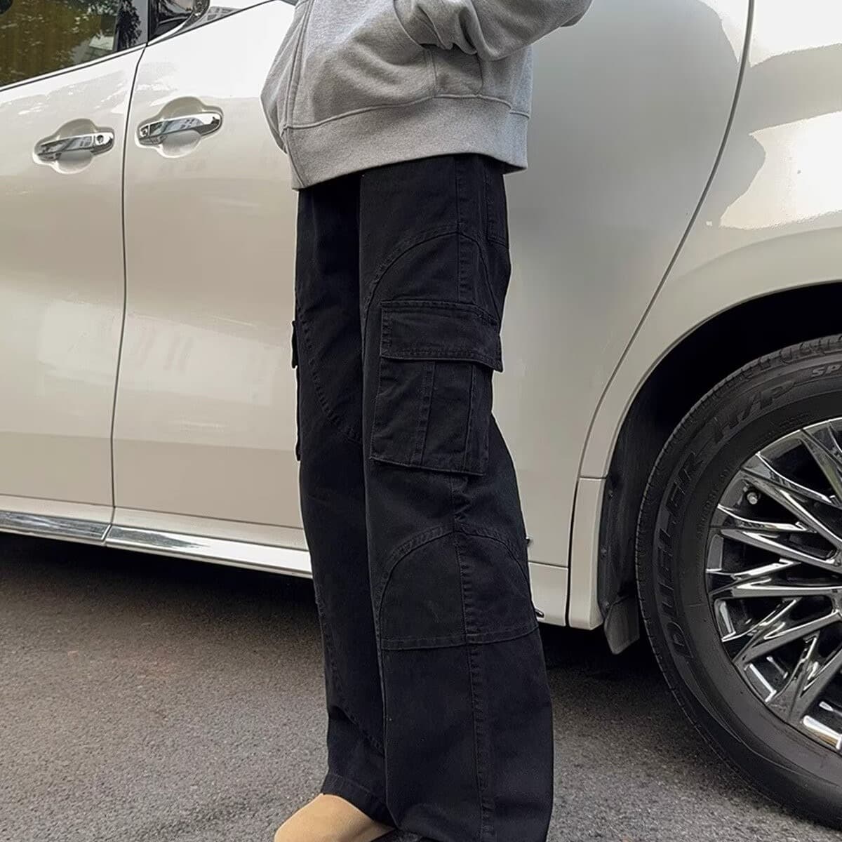 黒パンツ ワイドシルエットカーゴワークパンツ