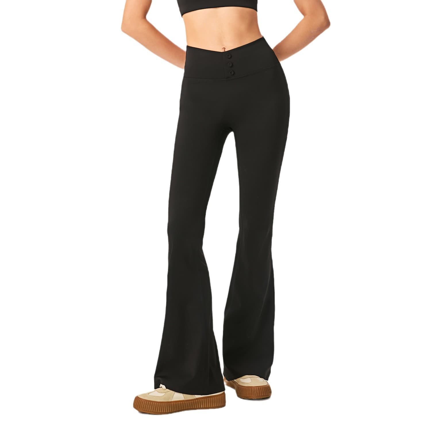 黒パンツ リブニット調フレアパンツ ハイウエスト