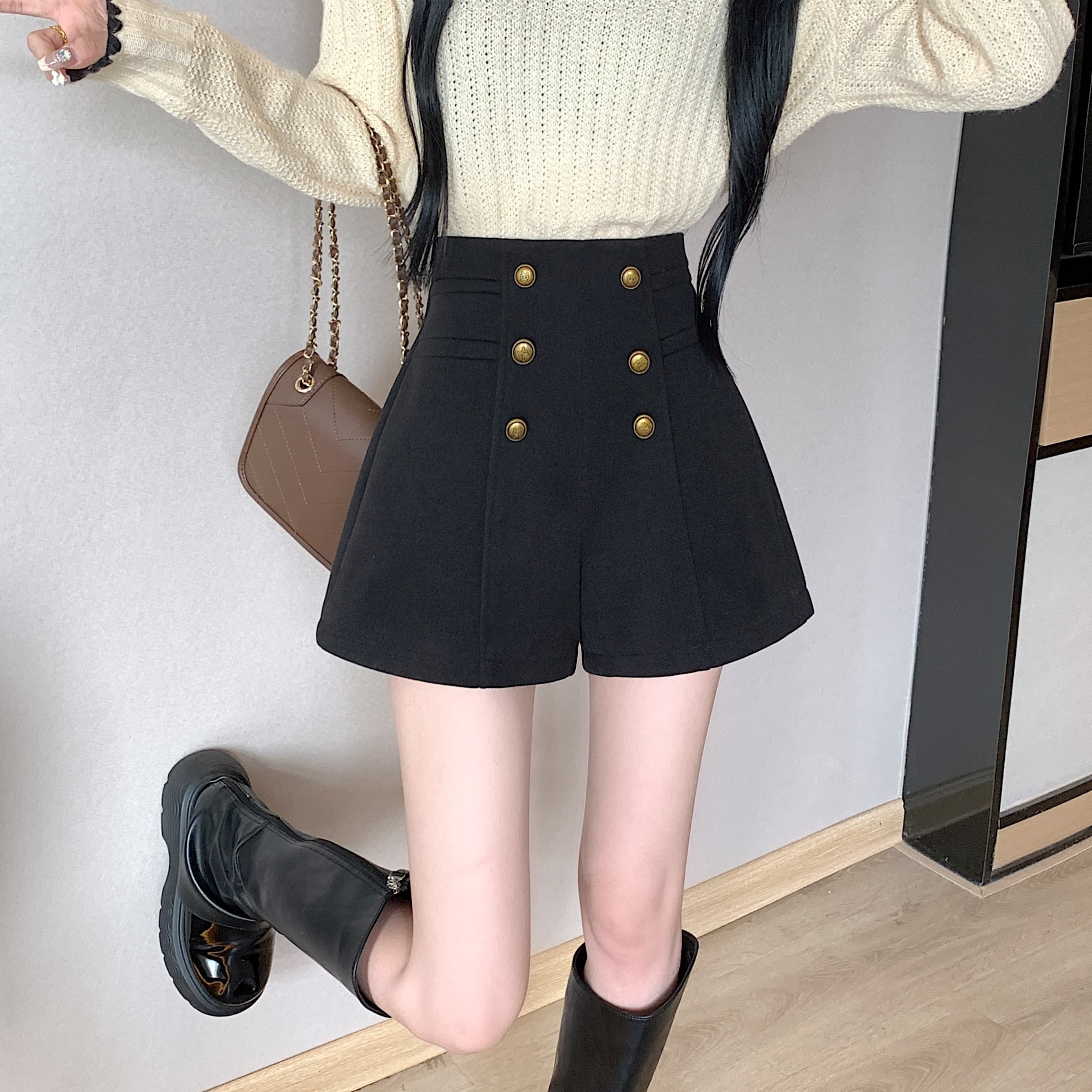 黒パンツ ハイウエスト ミリタリー ショート パンツ