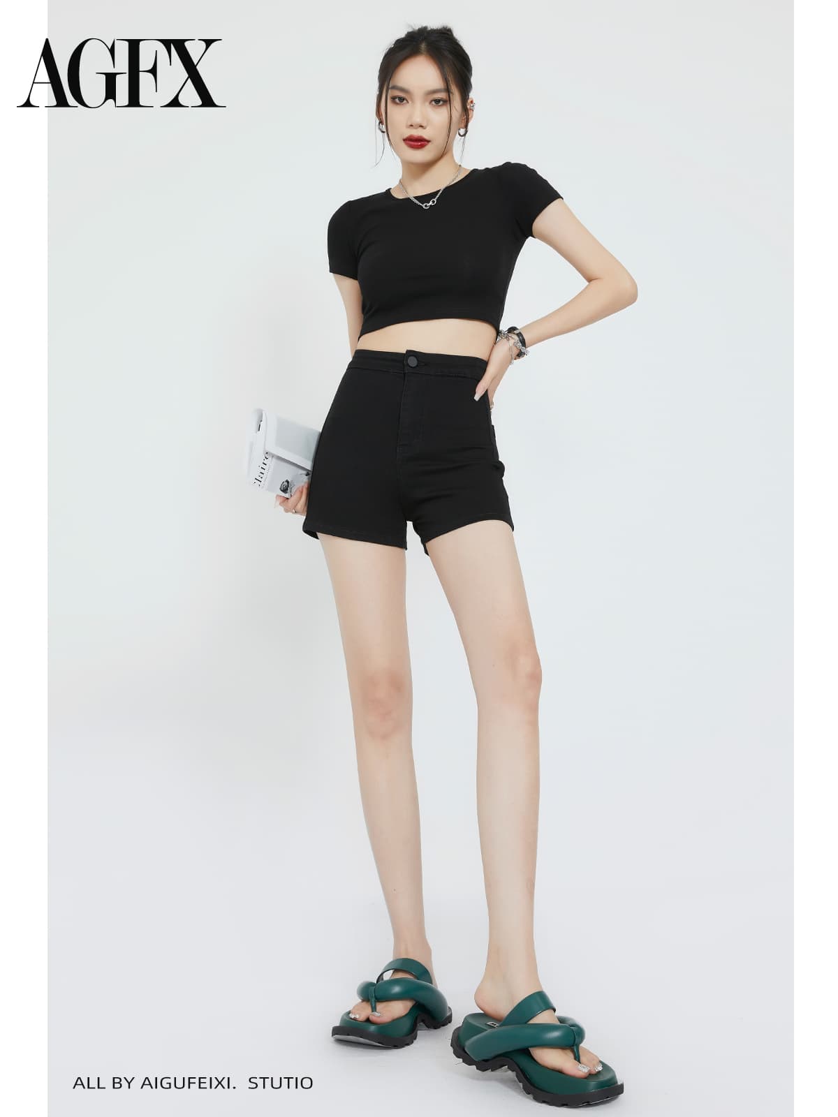 黒パンツ ハイウエストショートパンツ