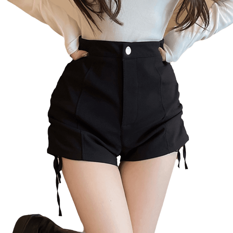 黒パンツ リボンギャザー サイドレース ショートパンツ