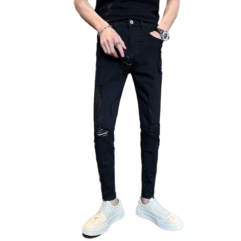 黒パンツ クラッシュ加工スリムパンツ