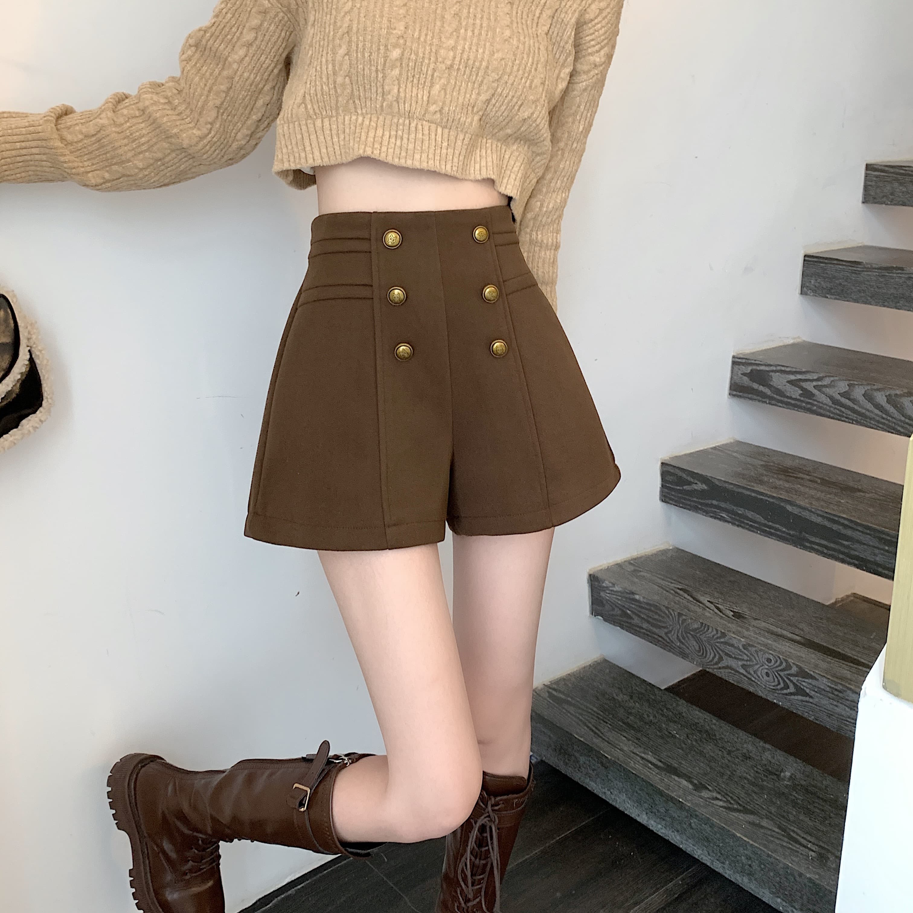 黒パンツ ハイウエスト ミリタリー ショート パンツ