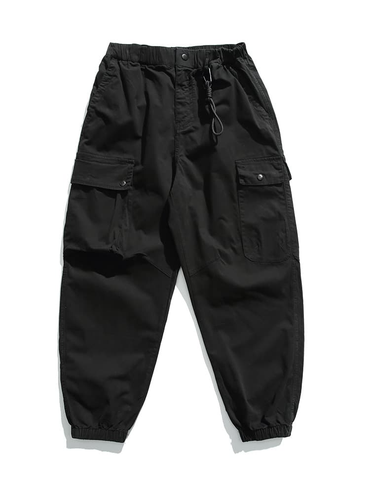 黒パンツ ドローコード付きミリタリーカーゴパンツ