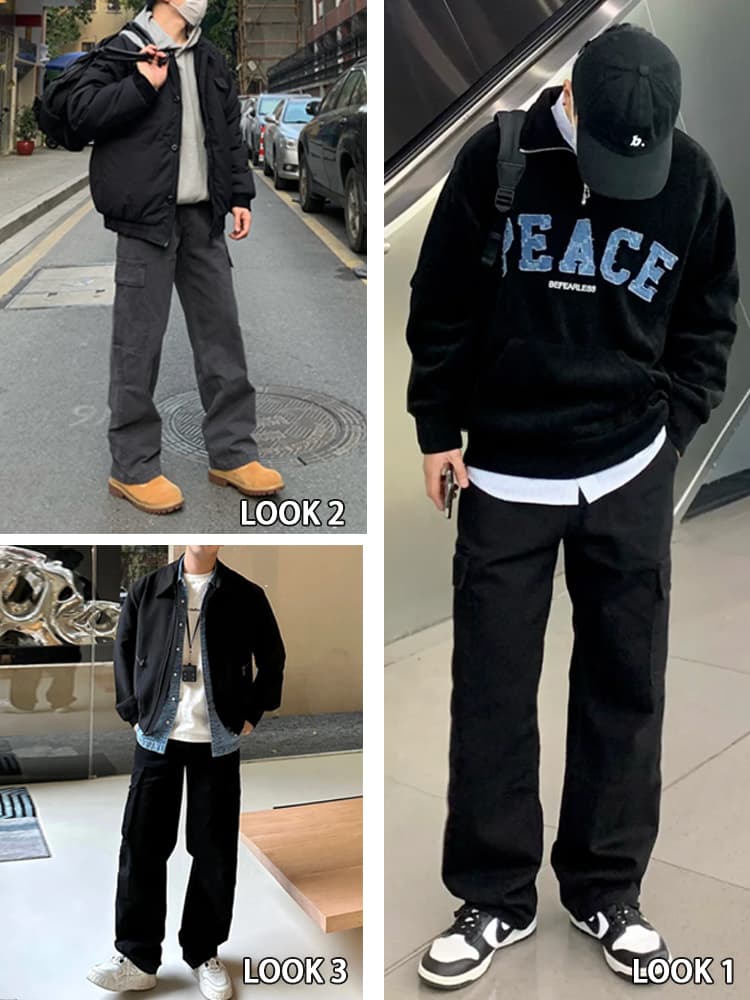 黒パンツ ワイドシルエットポケット付き作業着パンツ