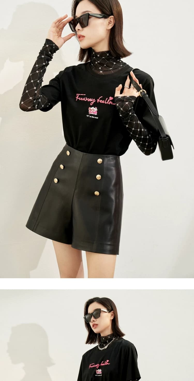 黒パンツ 飾りボタン付き上品合皮ショートパンツ