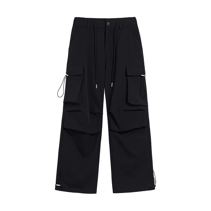黒パンツ ドローコード付きワイドカーゴパンツ
