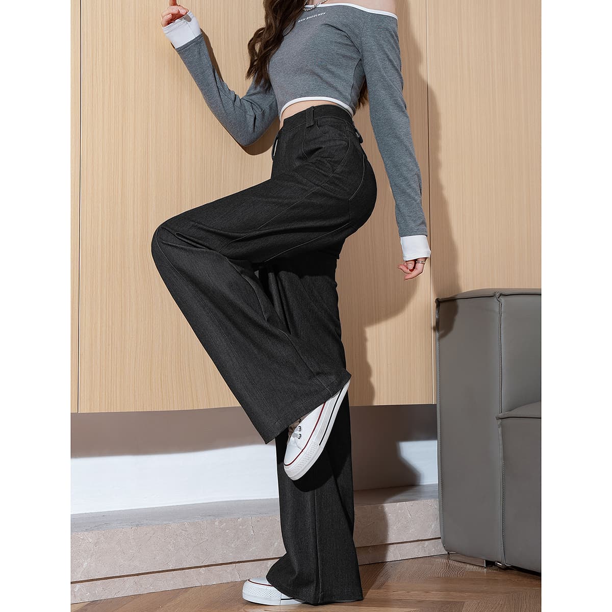 黒パンツ ワイドシルエット高級感ロングパンツ